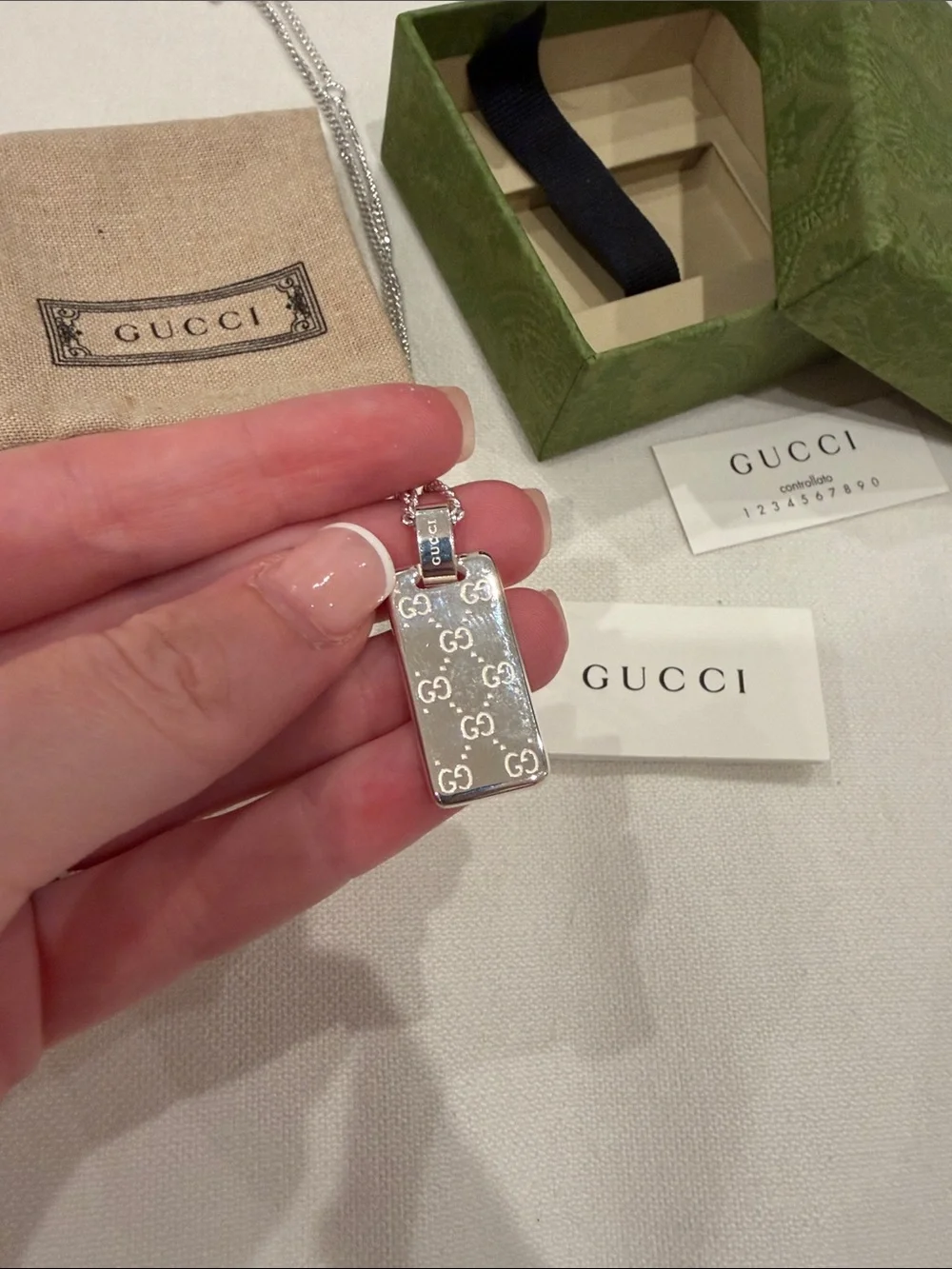 Gucci signature silver dog tag logo chain necklace. Brand new with box